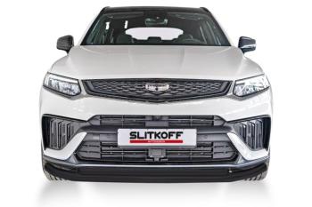 Защита переднего бампера d57+d57 двойная Slitkoff Geely Tugella  FY11,HPBA4 (2022-2025) рестайлинг (нержавейка с полимерным покрытием в цвет черный)