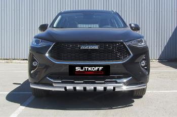 Защита переднего бампера d57+d42 двойная с декоративными элементами Slitkoff Haval F7x дорестайлинг (2019-2022) (нержавейка с полимерным покрытием в цвет черный)