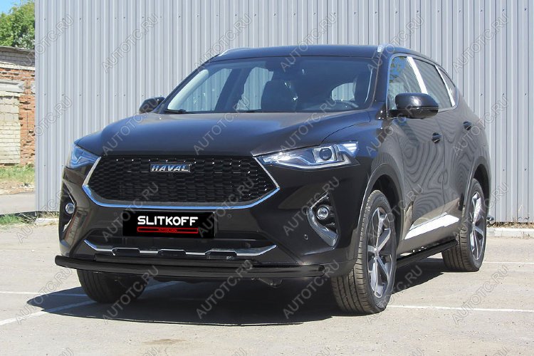 13 899 р. Защита переднего бампера d57 + d42 Slitkoff Haval F7 рестайлинг (2022-2024) (нержавейка с полимерным покрытием в цвет черный)  с доставкой в г. Керчь