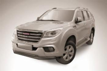 Защита переднего бампера d76+d57 двойная Slitkoff Haval H9 (2017-2025) 1-ый рестайлинг, 2-ой рестайлинг (нержавейка с полимерным покрытием в цвет черный)