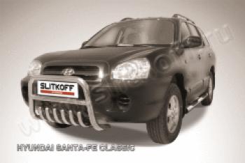 Защита переднего бампера кенгурятник низкий с защитой картера d57 Slitkoff Hyundai Santa Fe  SM (2000-2012) (нержавейка с полимерным покрытием в цвет черный)