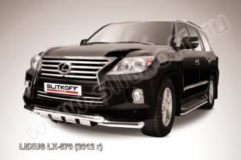Защита переднего бампера d76+d76 двойная с профильной ЗК Slitkoff Lexus LX570  J200 (2012-2015) 1-ый рестайлинг (нержавейка с полимерным покрытием в цвет черный)