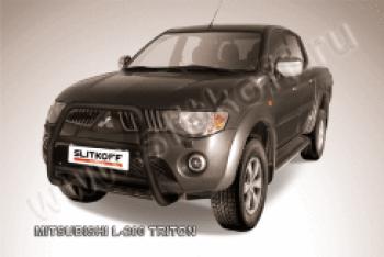 Защита переднего бампера кенгурятник d57 высокий (Triton) Slitkoff Mitsubishi L200  4 (2006-2014)  дорестайлинг (нержавейка с полимерным покрытием в цвет черный)