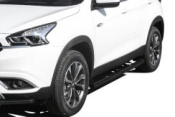22 799 р. Защита порогов d76 с проступями Slitkoff Mitsubishi L200 5 KK,KL рестайлинг (2018-2022) (нержавейка с полимерным покрытием в цвет черный)  с доставкой в г. Керчь. Увеличить фотографию 2