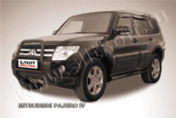Защита переднего бампера кенгурятник d57 высокий с защитой картера Slitkoff Mitsubishi Pajero 4 V90 2-ой рестайлинг (2014-2020) (нержавейка с полимерным покрытием в цвет черный)