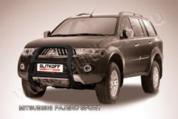Защита переднего бампера кенгурятник d57 высокий Slitkoff Mitsubishi Pajero Sport  PA (2004-2008) рестайлинг (нержавейка с полимерным покрытием в цвет черный)