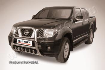 Защита переднего бампера кенгурятник d76 высокий с защитой картера Slitkoff Nissan Navara 2 D40 рестайлинг (2010-2016) (нержавейка с полимерным покрытием в цвет черный)