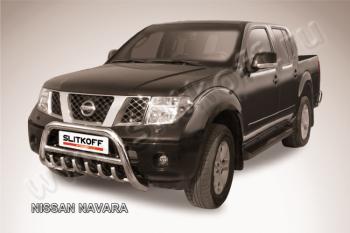 Защита переднего бампера кенгурятник d76 низкий с защитой картера Slitkoff Nissan Navara 2 D40 рестайлинг (2010-2016) (нержавейка с полимерным покрытием в цвет черный)
