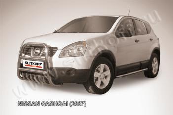 Защита переднего бампера кенгурятник d57 высокий с защитой картера Slitkoff Nissan Qashqai  1 (2007-2010) дорестайлинг (нержавейка с полимерным покрытием в цвет черный)