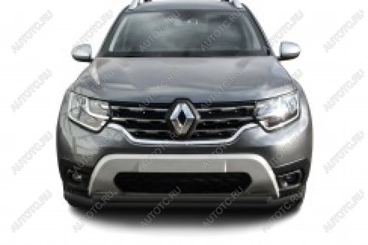 12 599 р. Защита переднего бампера d57+d42 двойная Slitkoff Renault Duster HM рестайлинг (2021-2024) (нержавейка с полимерным покрытием в цвет черный)  с доставкой в г. Керчь