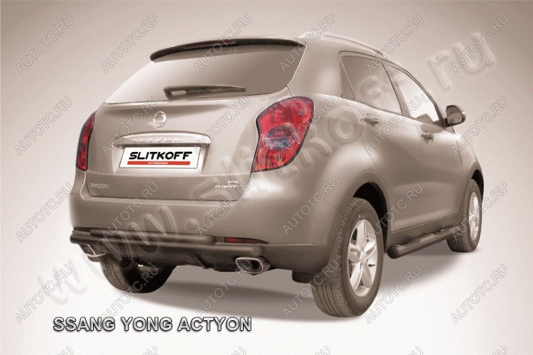 11 599 р. Защита заднего бампера d57+d42 двойная длинная Slitkoff  SSANGYONG Actyon (2010-2013) дорестайлинг (нержавейка с полимерным покрытием в цвет черный)  с доставкой в г. Керчь