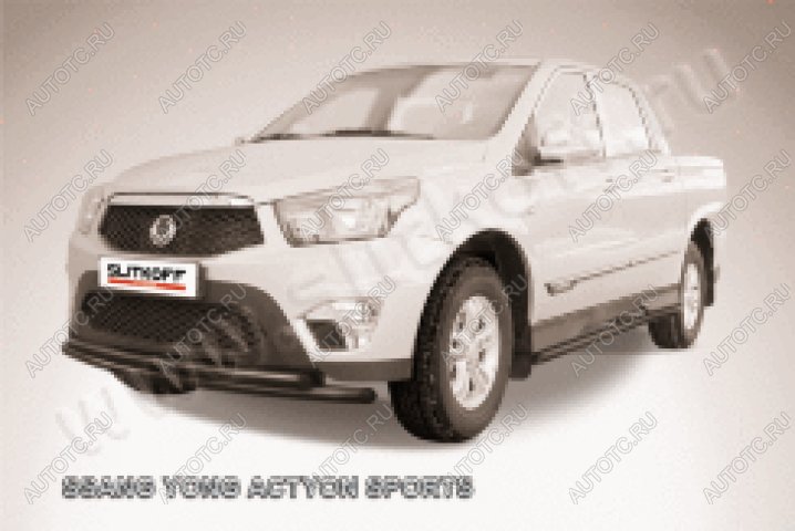 13 999 р. Защита переднего бампера d57+d57 двойная радиусная Slitkoff  SSANGYONG Actyon Sport (2012-2025) (нержавейка с полимерным покрытием в цвет черный)  с доставкой в г. Керчь