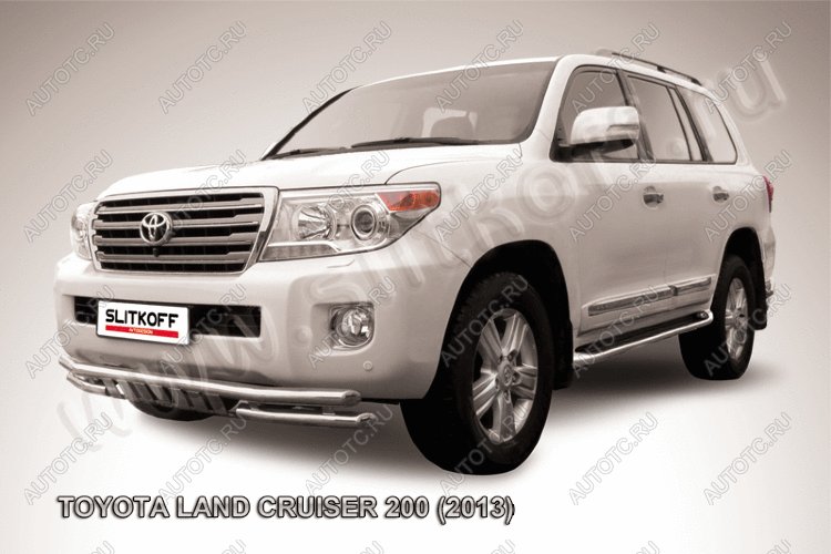 23 999 р. Защита переднего бампера d57+d57 двойная с защитой картера Slitkoff  Toyota Land Cruiser  200 (2012-2015) 1-ый рестайлинг (нержавейка с полимерным покрытием в цвет черный)  с доставкой в г. Керчь