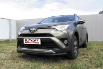 Защита переднего бампера d57+d42 двойная Slitkoff Toyota RAV4  XA40 (2015-2019) 5 дв. рестайлинг (нержавейка с полимерным покрытием в цвет черный)