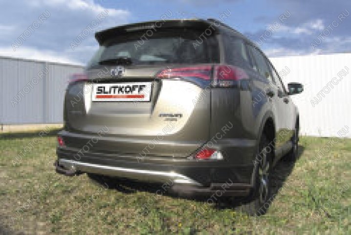 9 799 р. Защита заднего бампера уголки d57+d42 двойные Slitkoff Toyota RAV4 XA40 5 дв. рестайлинг (2015-2019) (нержавейка с полимерным покрытием в цвет черный)  с доставкой в г. Керчь