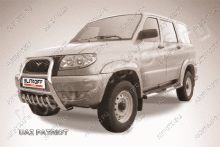 29 999 р. Защита переднего бампера кенгурятник d76 высокий с защитой картера Slitkoff  Уаз Патриот  3163 5 дв. (2005-2013) дорестайлинг (нержавейка с полимерным покрытием в цвет черный)  с доставкой в г. Керчь