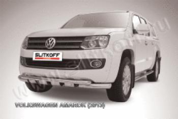 Защита переднего бампера d76+d57 двойная с профильной ЗК Slitkoff Volkswagen Amarok (2009-2016) дорестайлинг (нержавейка с полимерным покрытием в цвет черный)