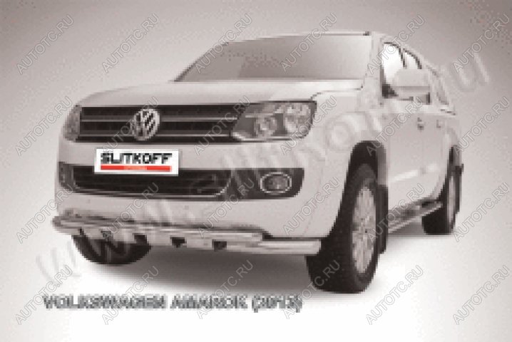 24 649 р. Защита переднего бампера d76+d57 двойная с профильной ЗК Slitkoff  Volkswagen Amarok (2009-2016) дорестайлинг (нержавейка с полимерным покрытием в цвет черный)  с доставкой в г. Керчь