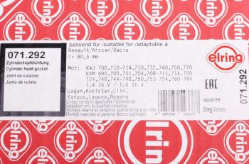 3 799 р. Прокладка головки блока RENAULT Clio,Kangoo,Logan,Megane (K4M,K4J) ELRING ELRING 071.292  с доставкой в г. Керчь. Увеличить фотографию 3