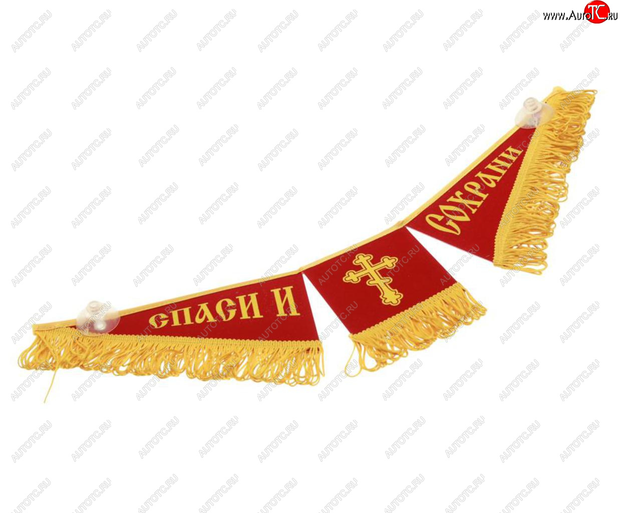 599 р. Вымпел РОССИЯ Спаси и сохрани с бахромой, красный фон (47х12см) AUTOSTICKERS AUTOSTICKERS 072111  с доставкой в г. Керчь
