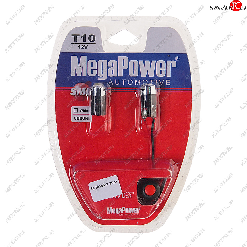 329 р. Лампа светодиодная 12V W5W T10 W2.1x9.5d 6000K с тестером блистер (2шт.)MEGAPOWER MEGAPOWER-AUTOMOTIVE 10105w-2блт  с доставкой в г. Керчь