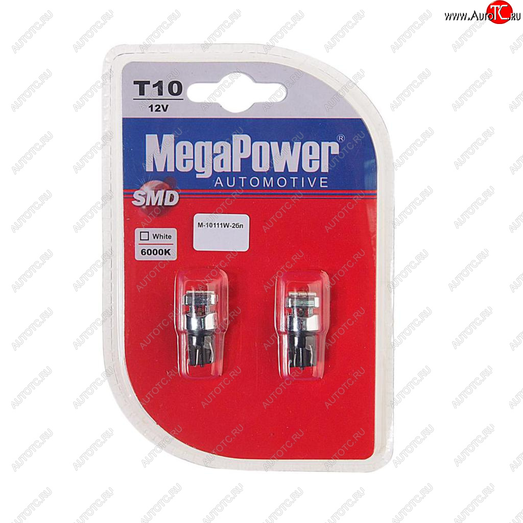 226 р. Лампа светодиодная 12V W5W T10 W2.1x9.5d 6000K 3 LED блистер (2шт.) MEGAPOWER MEGAPOWER-AUTOMOTIVE 10111w-2бл  с доставкой в г. Керчь