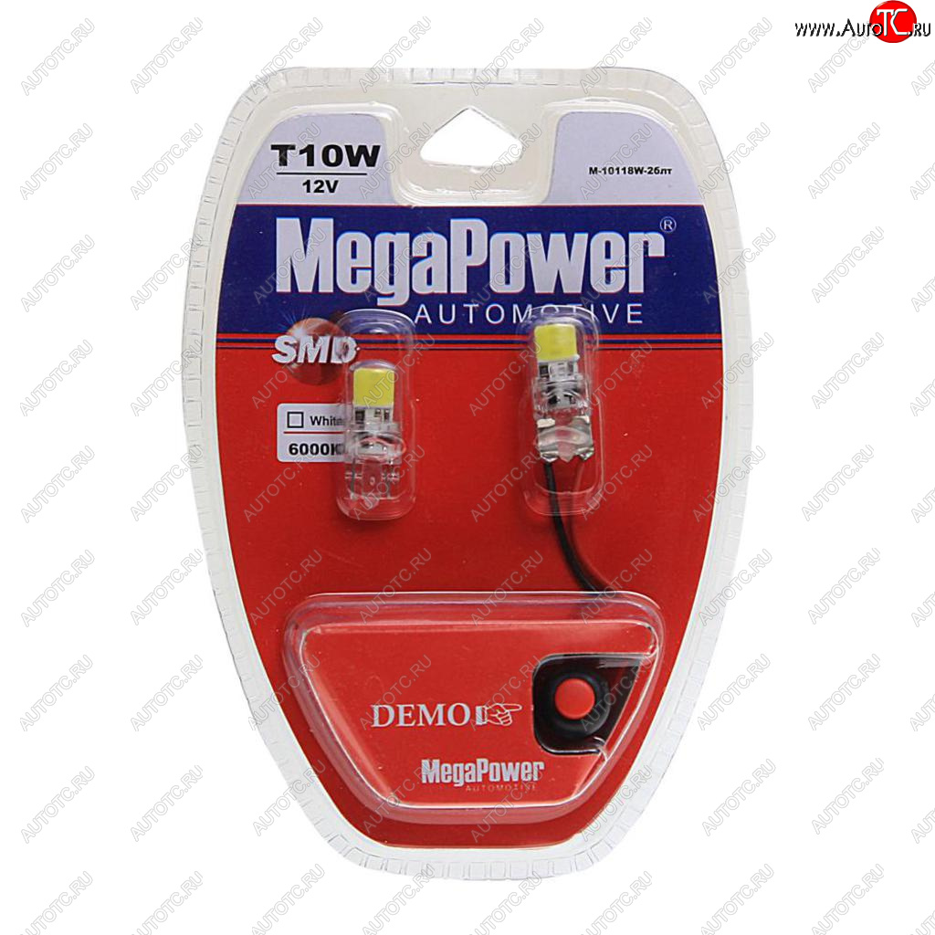 389 р. Лампа светодиодная 12V W5W T10 W2.1x9.5d 6000K 2 LED с тестером блистер (2шт.) MEGAPOWER MEGAPOWER-AUTOMOTIVE 10118w-2блт  с доставкой в г. Керчь