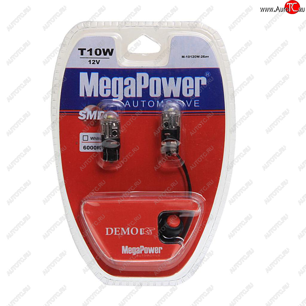 589 р. Лампа светодиодная 12V W5W T10 W2.1x9.5d 6000K с тестером блистер (2шт.) MEGAPOWER MEGAPOWER-AUTOMOTIVE 10120w-2блт  с доставкой в г. Керчь