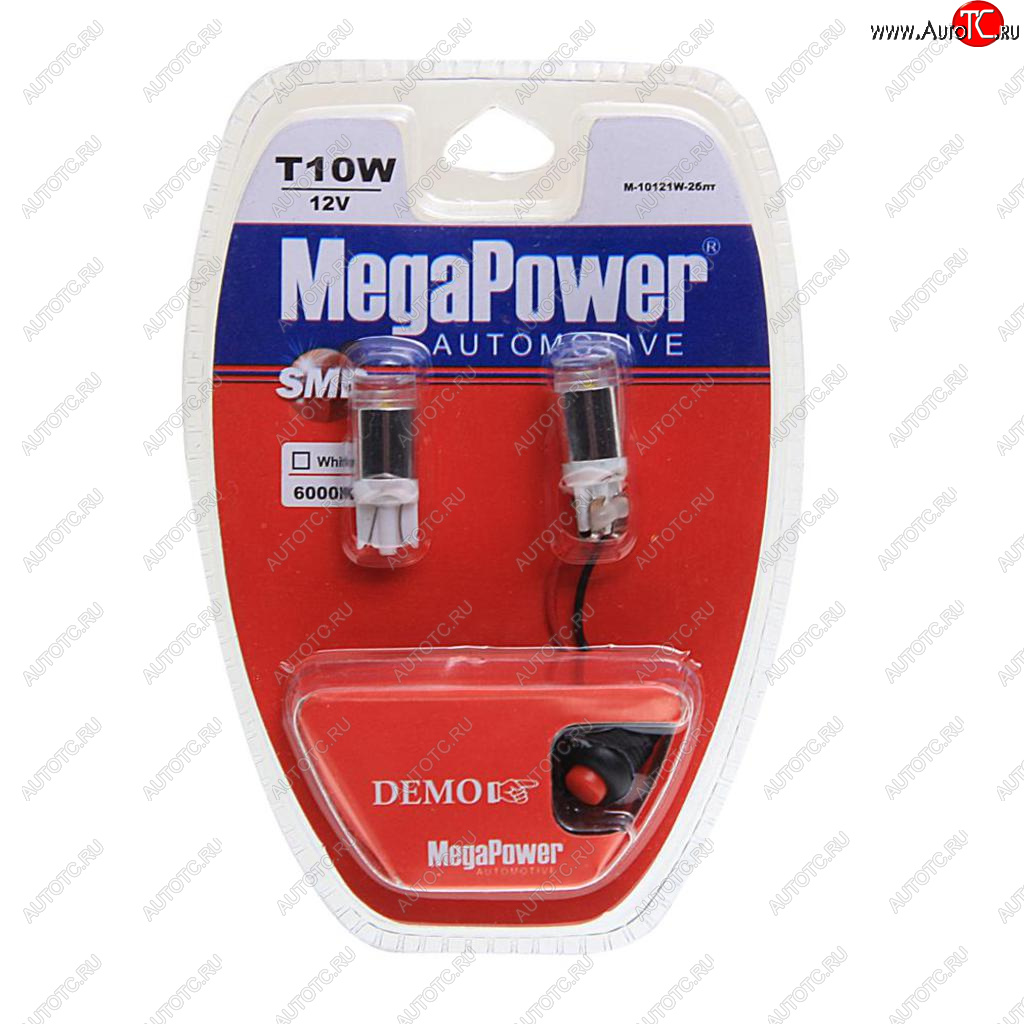 379 р. Лампа светодиодная 12V W5W T10 W2.1x9.5d 6000K с тестером блистер (2шт.) MEGAPOWER MEGAPOWER-AUTOMOTIVE 10121w-2блт  с доставкой в г. Керчь