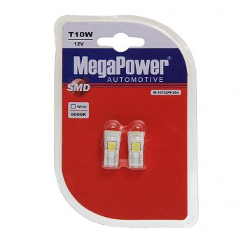 164 р. Лампа светодиодная 12V W5W T10 W2.1x9.5d 6000K 6 LED блистер (2шт.) MEGAPOWER MEGAPOWER-AUTOMOTIVE 10122w-2бл  с доставкой в г. Керчь. Увеличить фотографию 1