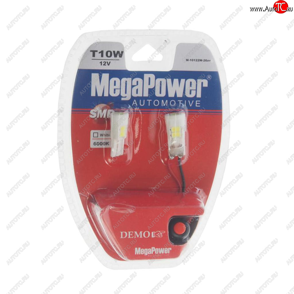 399 р. Лампа светодиодная 12V W5W T10 W2.1x9.5d 6000K 6 LED блистер (2шт.) MEGAPOWER MEGAPOWER-AUTOMOTIVE 10122w-2блт  с доставкой в г. Керчь