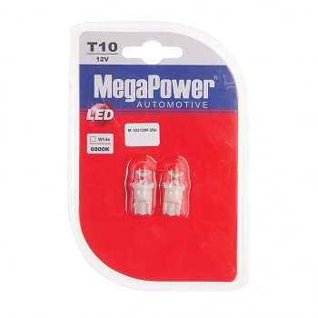 42 р. Лампа светодиодная 12V W5W T10 W2.1x9.5d 6000K блистер (2шт.) MEGAPOWER MEGAPOWER-AUTOMOTIVE 10312w-2бл  с доставкой в г. Керчь. Увеличить фотографию 1
