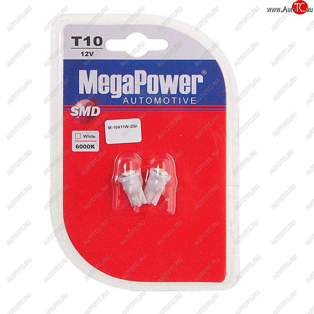 61 р. Лампа светодиодная 12V W5W T10 W2.1x9.5d 6000K блистер (2шт.) MEGAPOWER MEGAPOWER-AUTOMOTIVE 10411w-2бл  с доставкой в г. Керчь