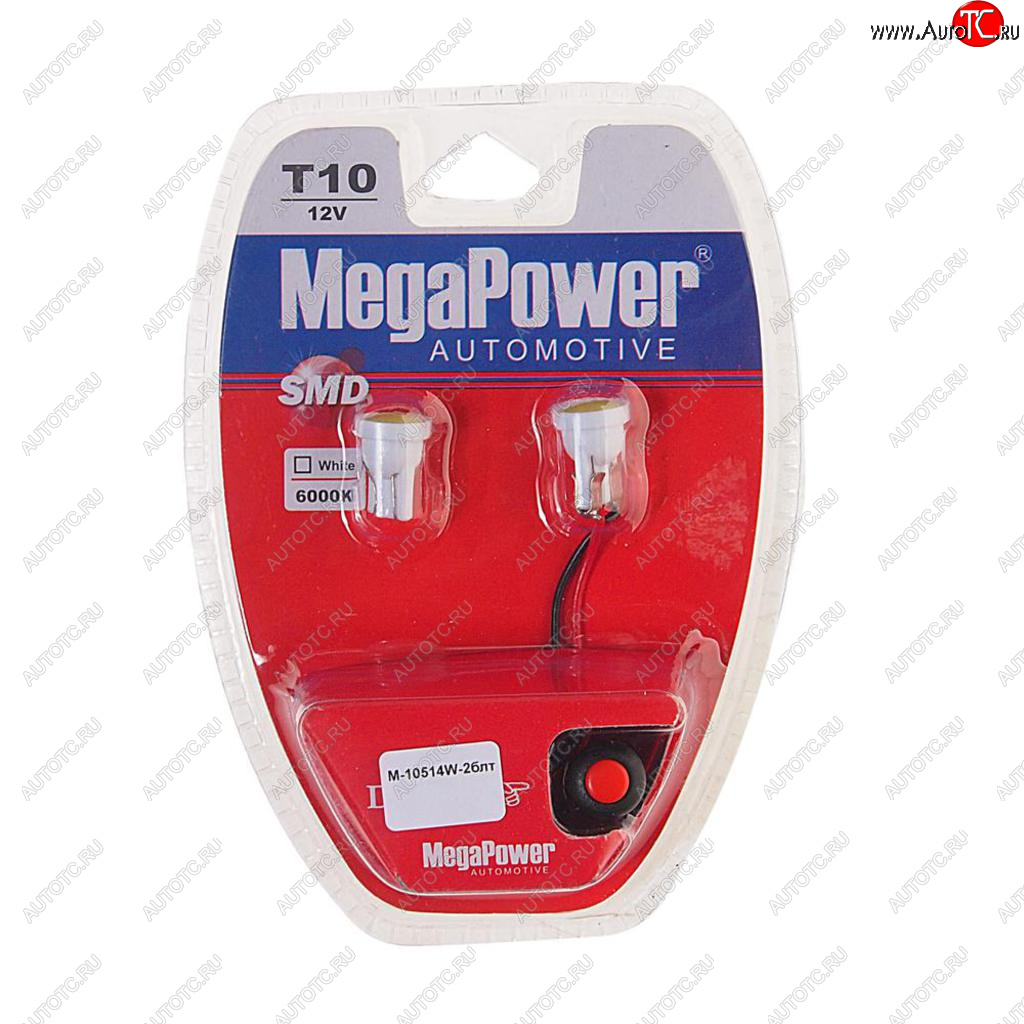 299 р. Лампа светодиодная 12V W5W T10 W2.1x9.5d 6000K с тестером блистер (2шт.) MEGAPOWER MEGAPOWER-AUTOMOTIVE 10514w-2блт  с доставкой в г. Керчь