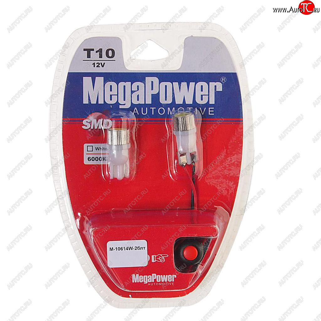 299 р. Лампа светодиодная 12V W5W T10 W2.1x9.5d 6000K с тестером блистер (2шт.) MEGAPOWER MEGAPOWER-AUTOMOTIVE 10614w-2блт  с доставкой в г. Керчь
