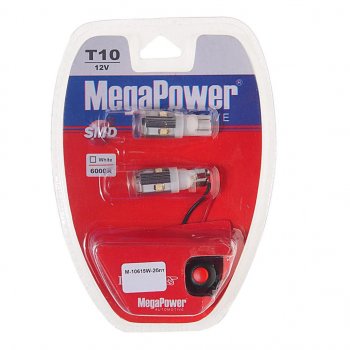 379 р. Лампа светодиодная 12V W5W T10 W2.1x9.5d 6000K 5 LED с тестером блистер (2шт.) MEGAPOWER MEGAPOWER-AUTOMOTIVE 10615w-2блт  с доставкой в г. Керчь. Увеличить фотографию 1