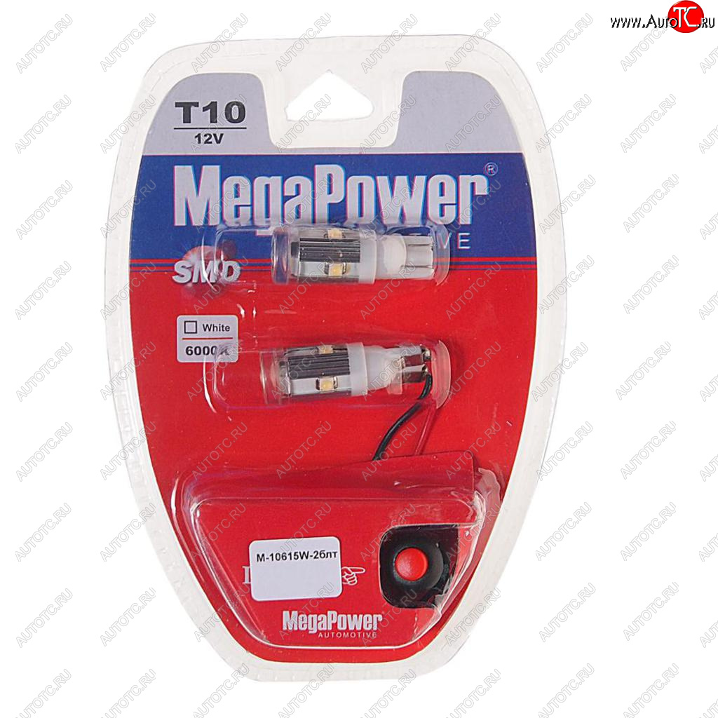 379 р. Лампа светодиодная 12V W5W T10 W2.1x9.5d 6000K 5 LED с тестером блистер (2шт.) MEGAPOWER MEGAPOWER-AUTOMOTIVE 10615w-2блт  с доставкой в г. Керчь