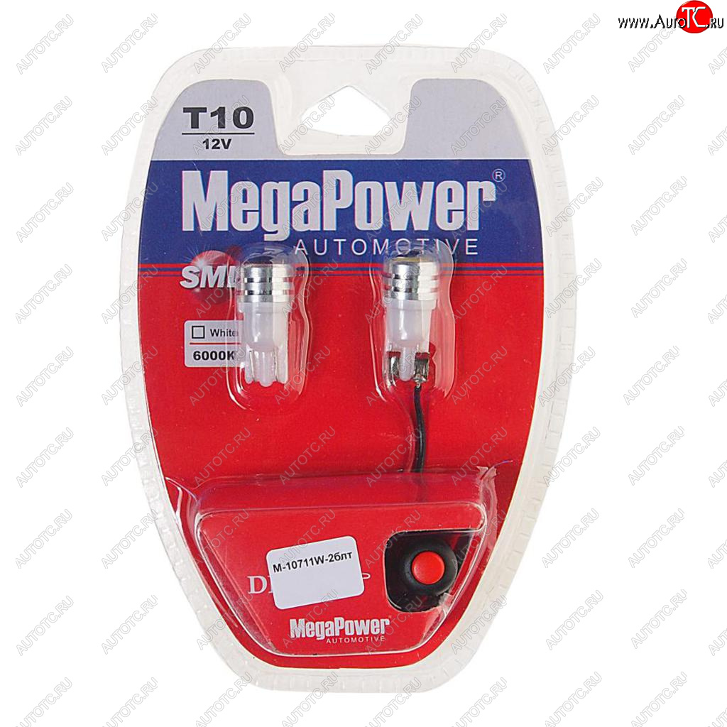 459 р. Лампа светодиодная 12V W5W T10 W2.1x9.5d 6000K с тестером блистер (2шт.) MEGAPOWER MEGAPOWER-AUTOMOTIVE 10711w-2блт  с доставкой в г. Керчь