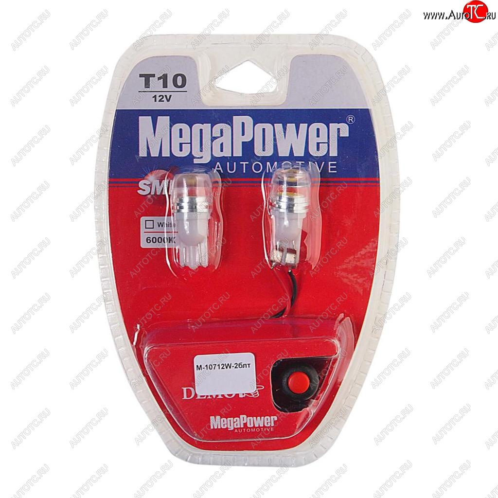 459 р. Лампа светодиодная 12V W5W T10 W2.1x9.5d 6000K с тестером блистер (2шт.) MEGAPOWER MEGAPOWER-AUTOMOTIVE 10712w-2блт  с доставкой в г. Керчь