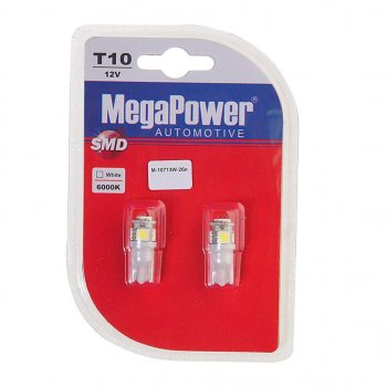 146 р. Лампа светодиодная 12V W5W T10 W2.1x9.5d 6000K 4 LED блистер (2шт.) MEGAPOWER MEGAPOWER-AUTOMOTIVE 10713w-2бл  с доставкой в г. Керчь. Увеличить фотографию 1