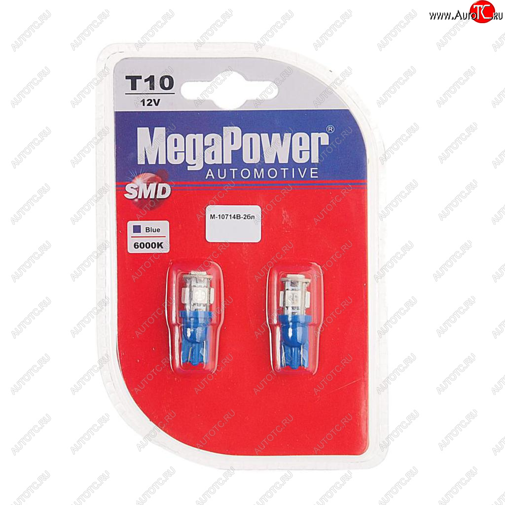 136 р. Лампа светодиодная 12V W5W T10 W2.1x9.5d 5 LED блистер (2шт.) Blue MEGAPOWER MEGAPOWER-AUTOMOTIVE 10714b-2бл  с доставкой в г. Керчь