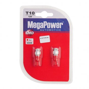 136 р. Лампа светодиодная 12V W5W T10 W2.1x9.5d 5 LED блистер (2шт.) Red MEGAPOWER MEGAPOWER-AUTOMOTIVE 10714r-2бл  с доставкой в г. Керчь. Увеличить фотографию 1