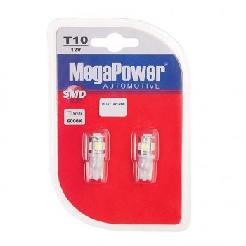 146 р. Лампа светодиодная 12V W5W T10 W2.1x9.5d 6000K 5 LED блистер (2шт.) MEGAPOWER MEGAPOWER-AUTOMOTIVE 10714w-2бл  с доставкой в г. Керчь. Увеличить фотографию 1