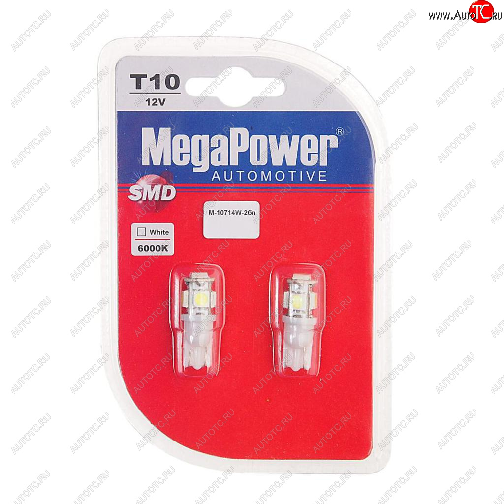 146 р. Лампа светодиодная 12V W5W T10 W2.1x9.5d 6000K 5 LED блистер (2шт.) MEGAPOWER MEGAPOWER-AUTOMOTIVE 10714w-2бл  с доставкой в г. Керчь