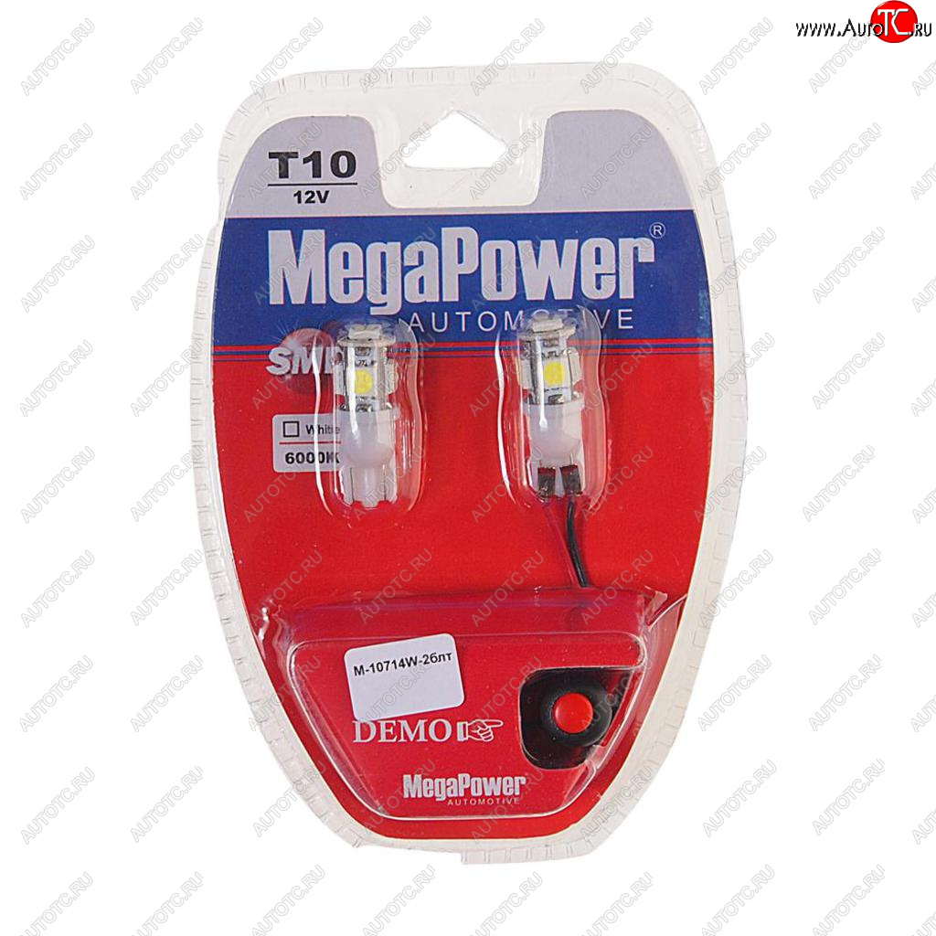 243 р. Лампа светодиодная 12V W5W T10 W2.1x9.5d 6000K 5 LED с тестером блистер (2шт.) MEGAPOWER MEGAPOWER-AUTOMOTIVE 10714w-2блт  с доставкой в г. Керчь