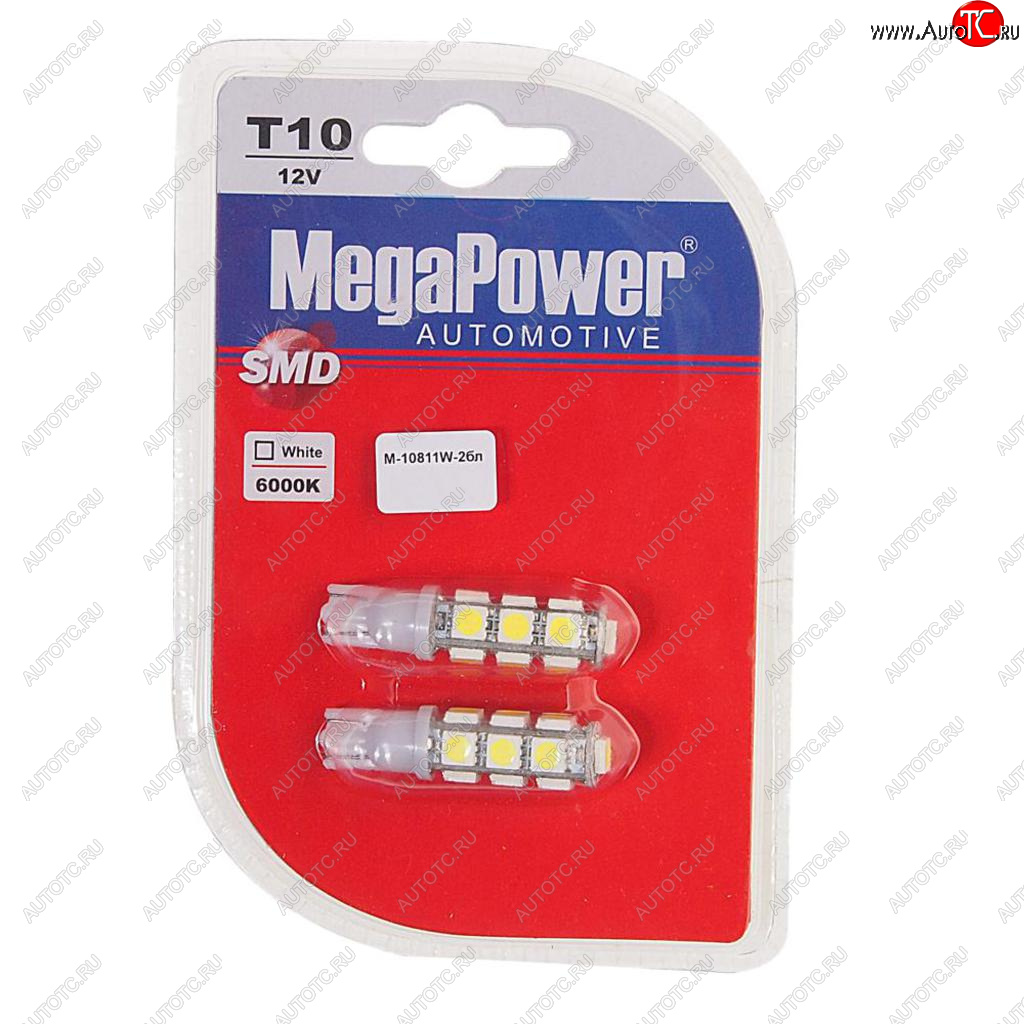 339 р. Лампа светодиодная 12V W5W T10 W2.1x9.5d 6000K 13 LED блистер (2шт.) MEGAPOWER MEGAPOWER-AUTOMOTIVE 10811w-2бл  с доставкой в г. Керчь