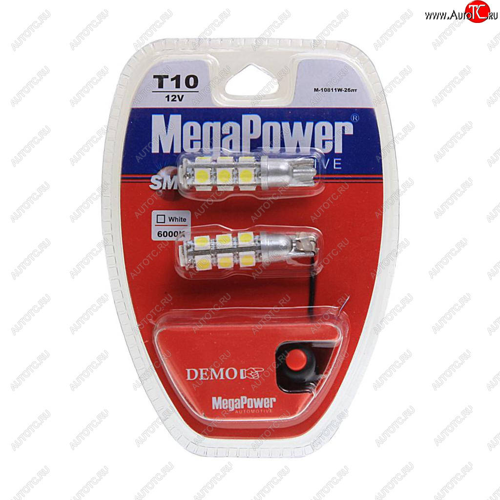 419 р. Лампа светодиодная 12V W5W T10 W2.1x9.5d 6000K 13 LED с тестером блистер (2шт.) MEGAPOWER MEGAPOWER-AUTOMOTIVE 10811w-2блт  с доставкой в г. Керчь