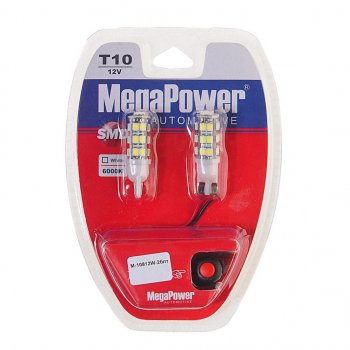 349 р. Лампа светодиодная 12V W5W T10 W2.1x9.5d 6000K 25 LED с тестером блистер (2шт.)MEGAPOWER MEGAPOWER-AUTOMOTIVE 10812w-2блт  с доставкой в г. Керчь. Увеличить фотографию 1