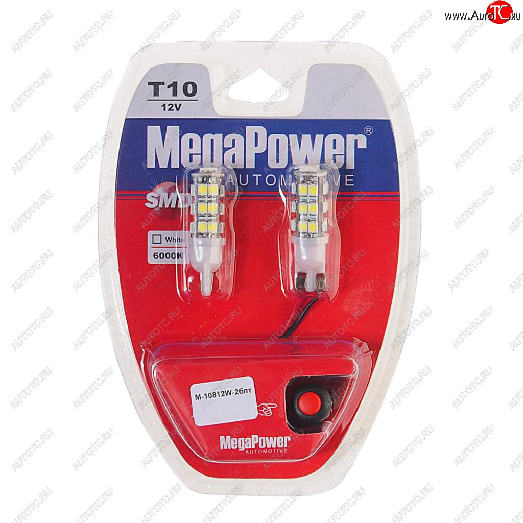 349 р. Лампа светодиодная 12V W5W T10 W2.1x9.5d 6000K 25 LED с тестером блистер (2шт.)MEGAPOWER MEGAPOWER-AUTOMOTIVE 10812w-2блт  с доставкой в г. Керчь