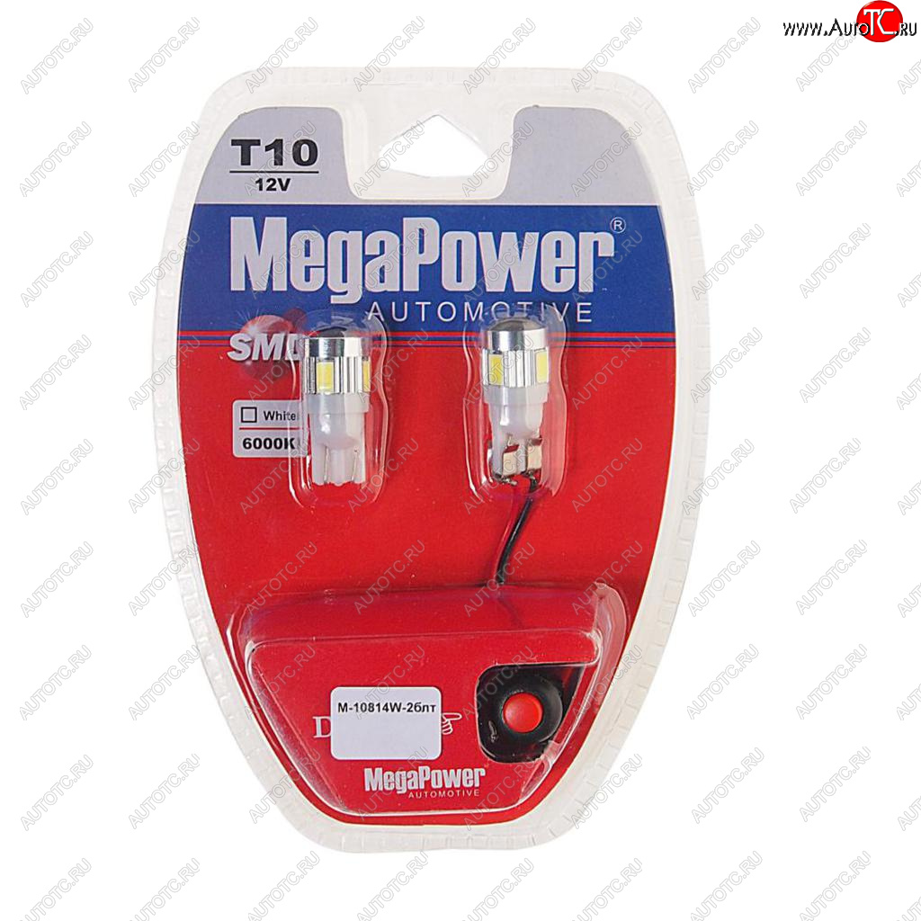739 р. Лампа светодиодная 12V W5W T10 W2.1x9.5d 6000K 6 LED с тестером блистер (2шт.) MEGAPOWER MEGAPOWER-AUTOMOTIVE 10814w-2блт  с доставкой в г. Керчь